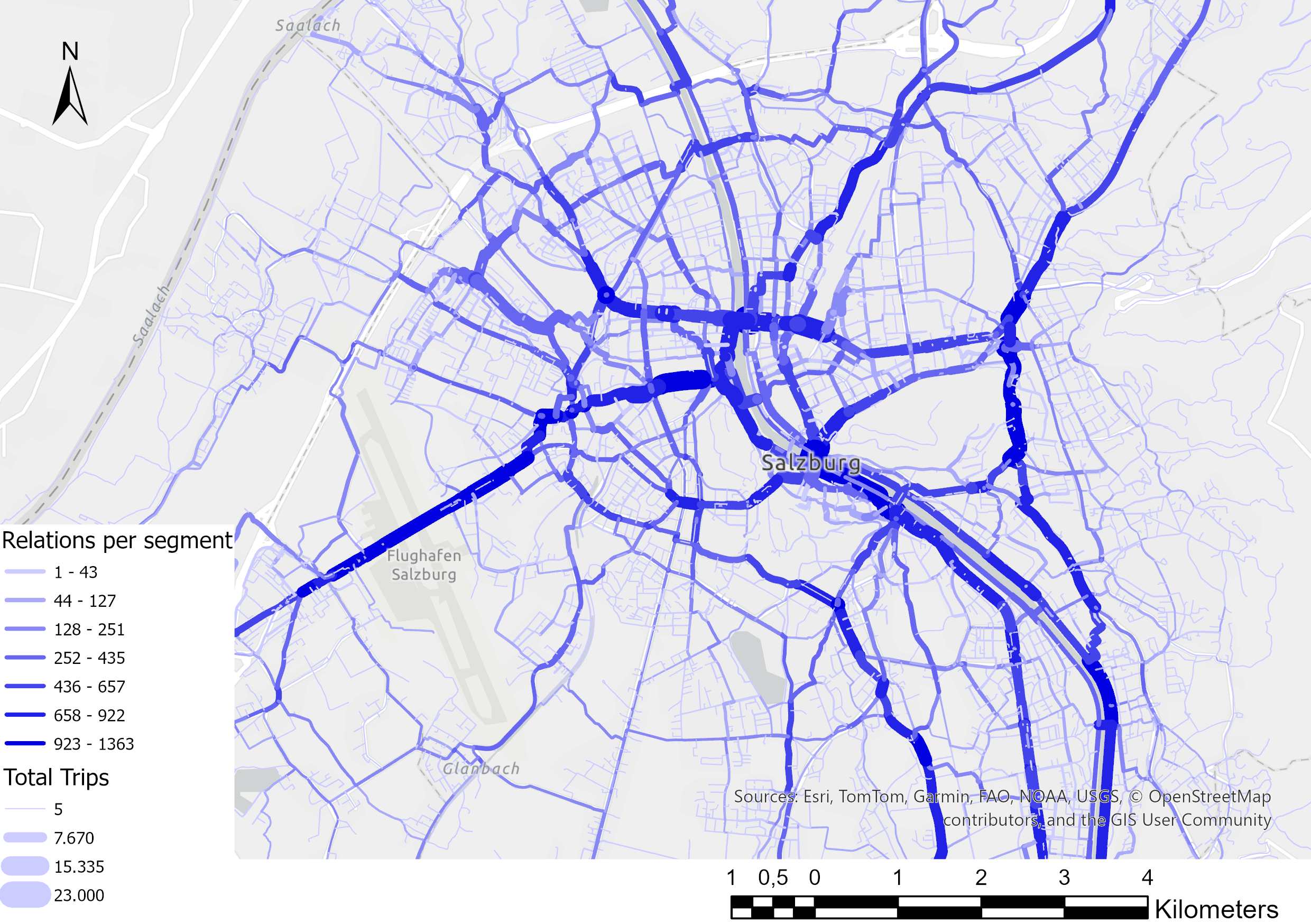 Map showing the number of trips per road segment